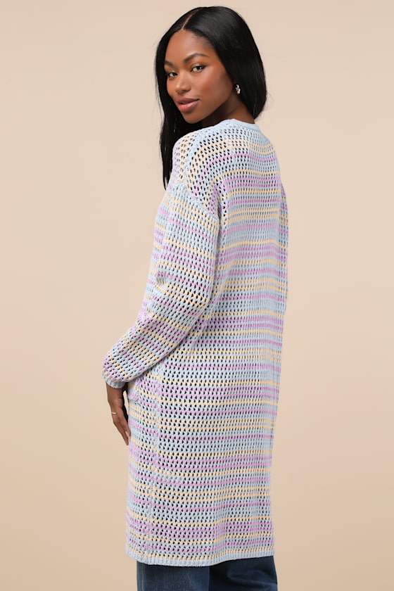 Breezy Strolls Light Blue Multi Striped Crochet Long Cardigan