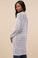 Breezy Strolls Light Blue Multi Striped Crochet Long Cardigan