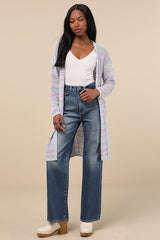 Breezy Strolls Light Blue Multi Striped Crochet Long Cardigan