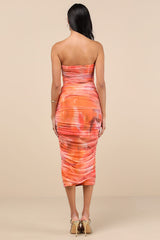 Vania Orange Abstract Mesh Ruched Strapless Midi Dress