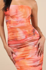 Vania Orange Abstract Mesh Ruched Strapless Midi Dress