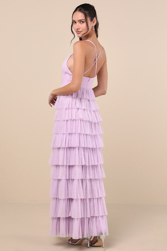 Radiant Event Lavender Mesh Tiered Ruffled Backless Maxi Dress