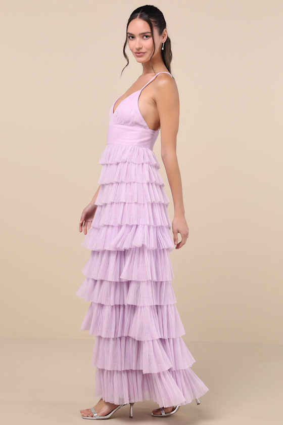 Radiant Event Lavender Mesh Tiered Ruffled Backless Maxi Dress