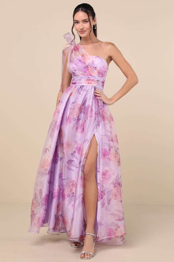 Dramatically Lovely Lavender Floral One-Shoulder Maxi Dress