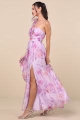 Dramatically Lovely Lavender Floral One-Shoulder Maxi Dress