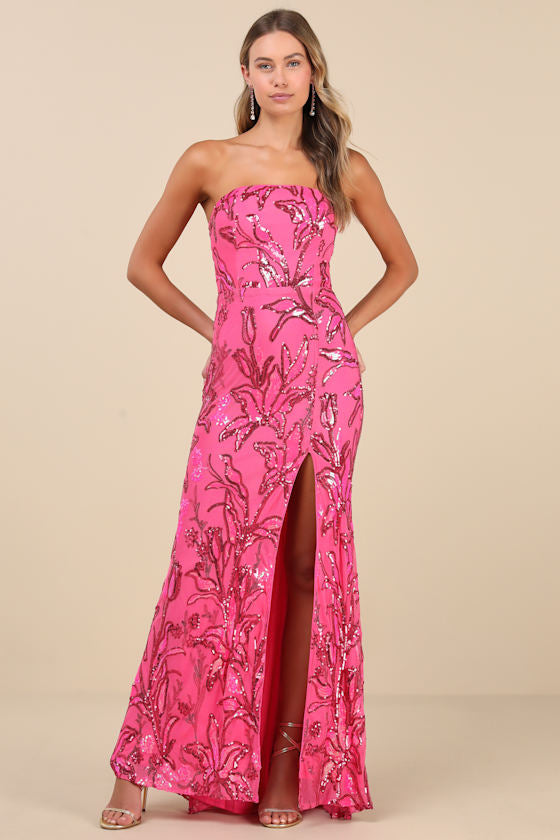 Shimmering Icon Hot Pink Sequin Lace-Up Strapless Maxi Dress