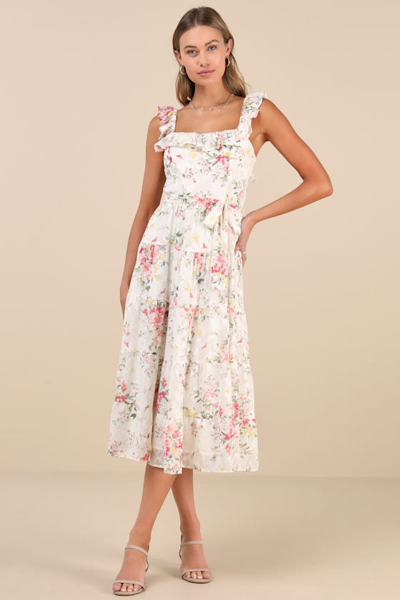 Shela Ivory Floral Jacquard Tiered Midi Dress