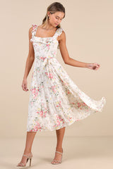 Shela Ivory Floral Jacquard Tiered Midi Dress