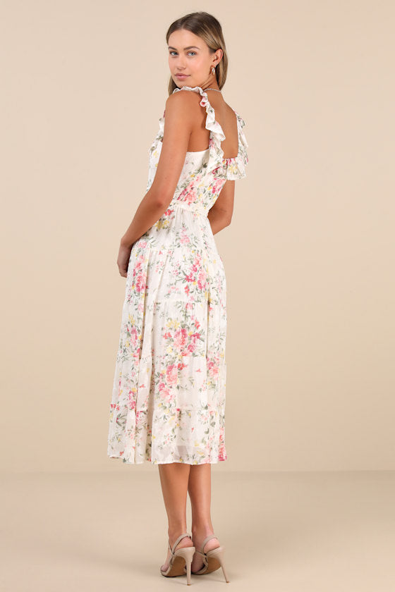 Shela Ivory Floral Jacquard Tiered Midi Dress