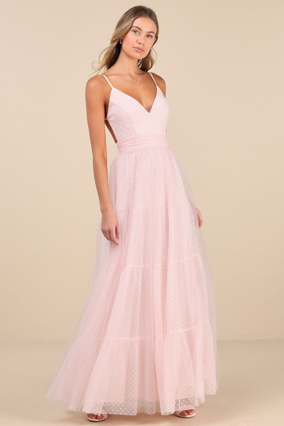 Liana Light Pink Swiss Dot Tulle Maxi Dress