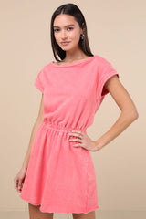 Definite Beauty Washed Coral Pink Short Sleeve Mini Dress