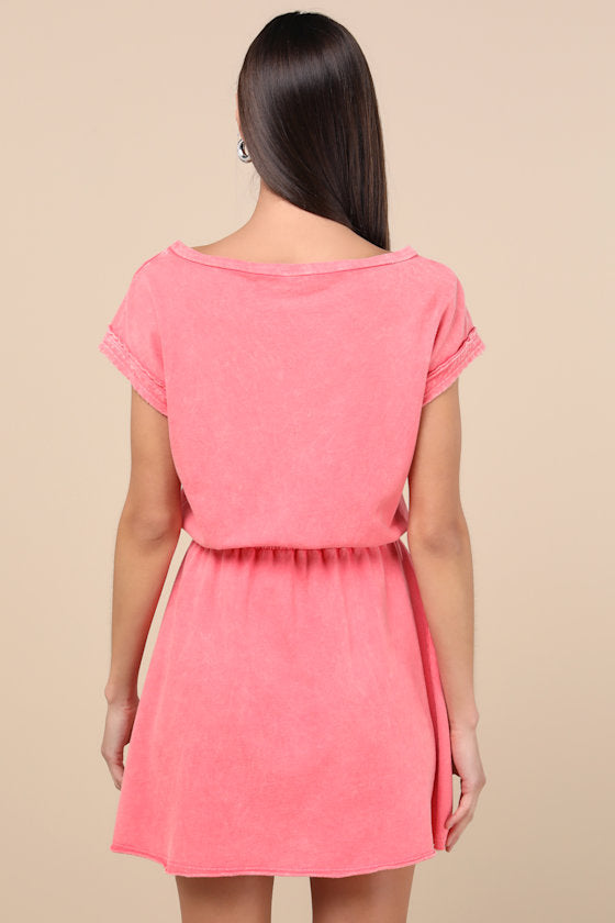Definite Beauty Washed Coral Pink Short Sleeve Mini Dress