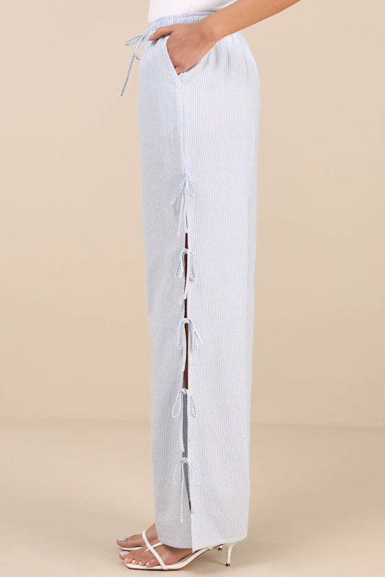 Palila Blue and White Striped Side-Tie Pants
