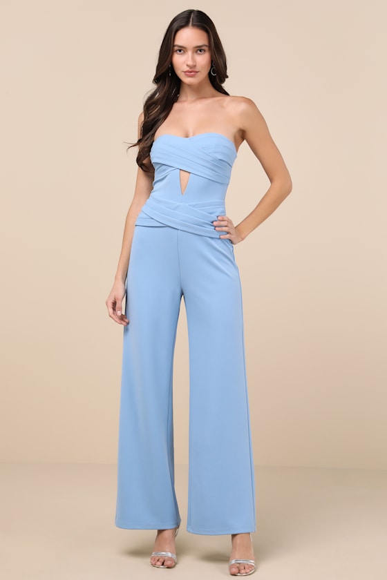 Natasha Light Blue Strapless Pleated Jumpsuit