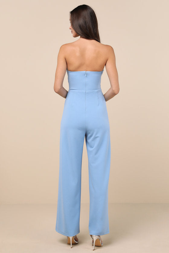 Natasha Light Blue Strapless Pleated Jumpsuit