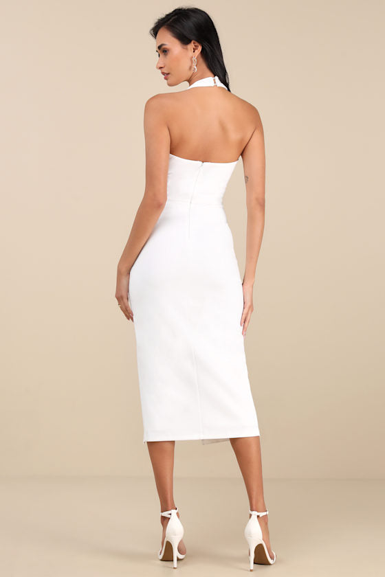 Prominent Charm White Halter Bodycon Tulip Midi Dress