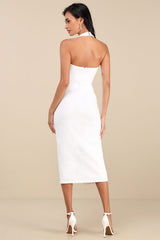 Prominent Charm White Halter Bodycon Tulip Midi Dress