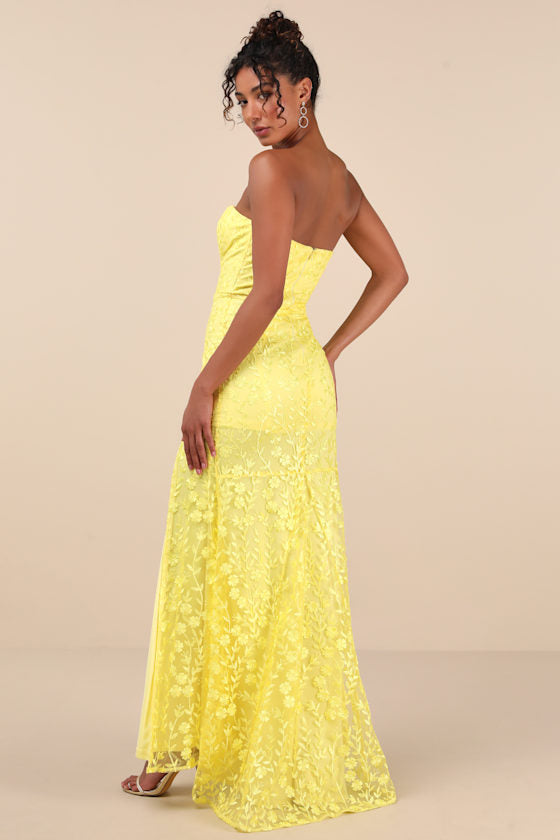 Romantic Beauty Yellow Floral Embroidered Strapless Maxi Dress