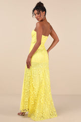 Romantic Beauty Yellow Floral Embroidered Strapless Maxi Dress