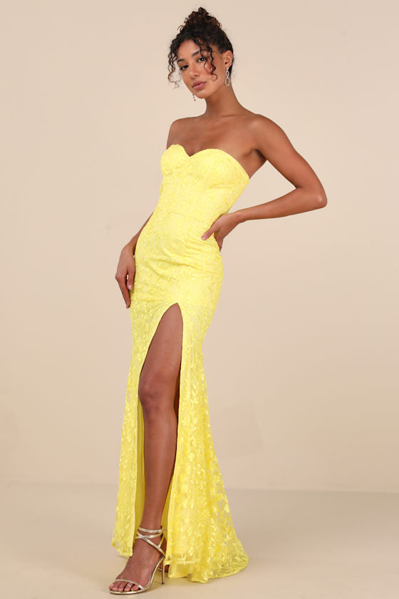 Romantic Beauty Yellow Floral Embroidered Strapless Maxi Dress