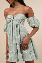 Cutest Icon Sage Green Embroidered Off-the-Shoulder Mini Dress