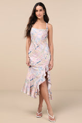 Hitomi Light Pink Multi Scarf Print Lace-Up Ruffled Midi Dress