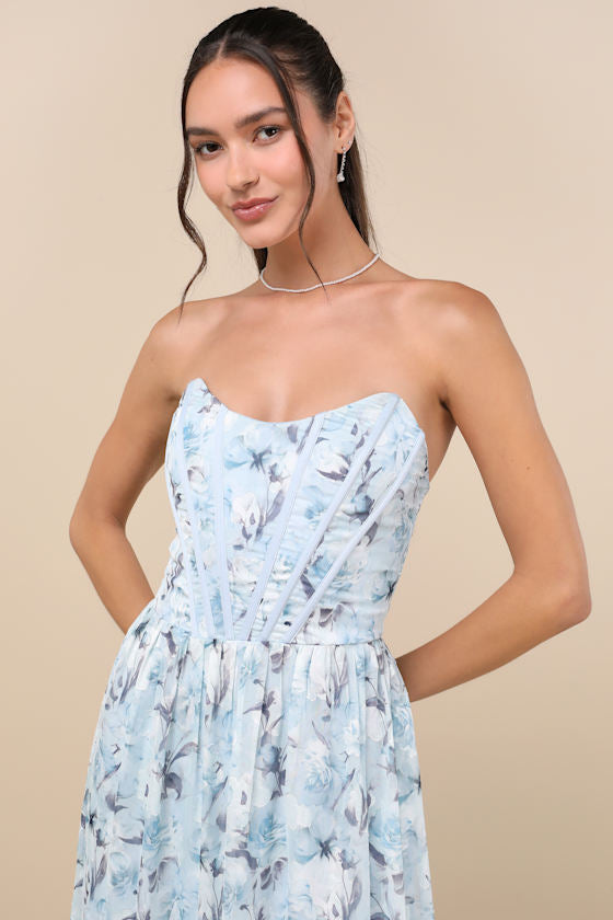 Special Moment Light Blue Floral Strapless Bustier Maxi Dress