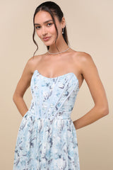 Special Moment Light Blue Floral Strapless Bustier Maxi Dress