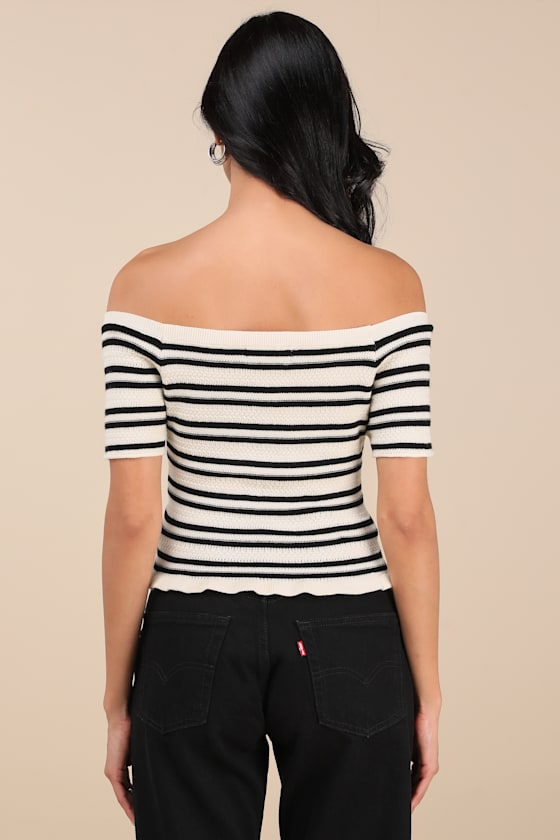 Erela Cream and Black Striped Off-the-Shoulder Sweater Top