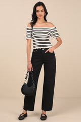 Erela Cream and Black Striped Off-the-Shoulder Sweater Top