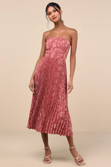 Perfectly Stunning Rusty Rose Jacquard Strapless Midi Dress