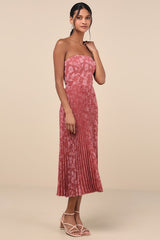 Perfectly Stunning Rusty Rose Jacquard Strapless Midi Dress