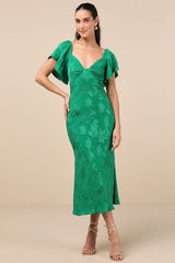 Effervescent Afternoon Green Satin Flutter Sleeve Midi Dress