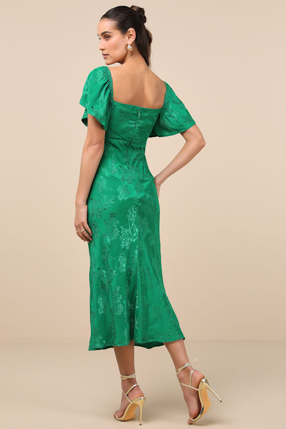 Effervescent Afternoon Green Satin Flutter Sleeve Midi Dress