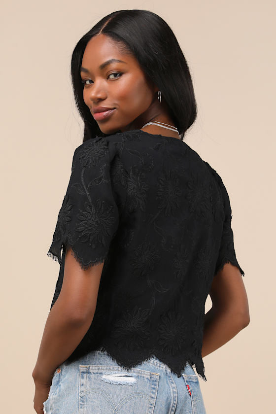 Vintage Aesthetic Black Embroidered Tie-Front Fringe Hem Top