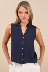 Casual Contentment Navy Linen Button-Up Collared Tank Top