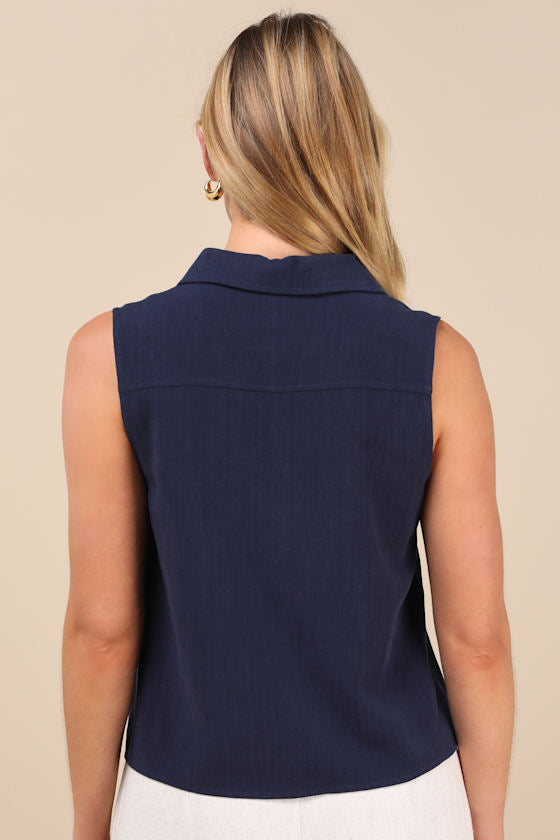 Casual Contentment Navy Linen Button-Up Collared Tank Top