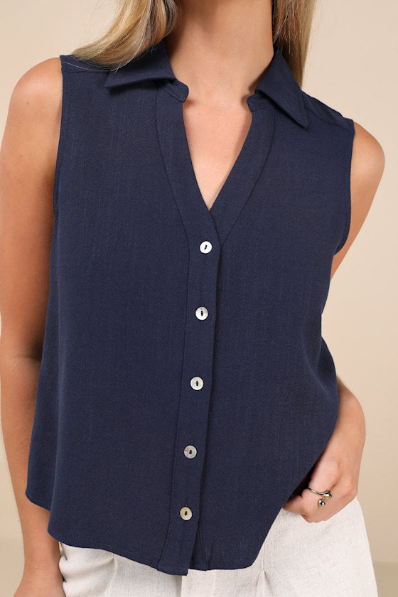 Casual Contentment Navy Linen Button-Up Collared Tank Top