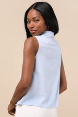 Casual Contentment Light Blue Linen Button-Up Collared Tank Top