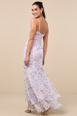 Pure Splendor Lavender Floral Organza Trumpet Maxi Dress