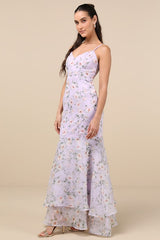 Pure Splendor Lavender Floral Organza Trumpet Maxi Dress