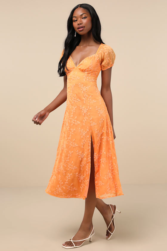 Blossoming with Charm Orange Embroidered Tie-Back Midi Dress