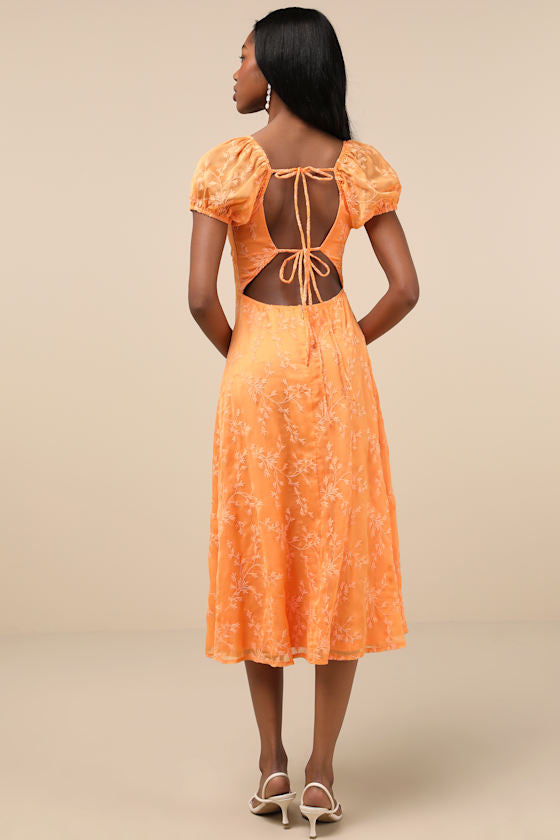 Blossoming with Charm Orange Embroidered Tie-Back Midi Dress