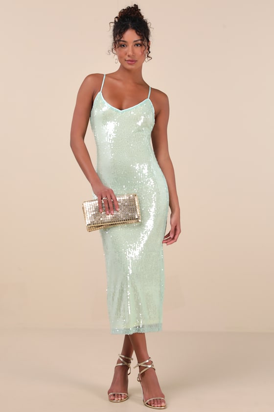Cahya Mint Green Sequin Tie-Back Midi Dress