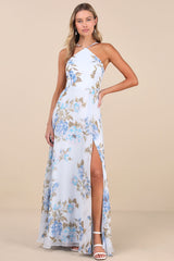 Romantic Marvel Light Blue Floral Print Halter Neck Maxi Dress