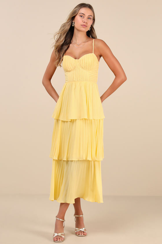 Cascading Crush Yellow Tiered Bustier Midi Dress