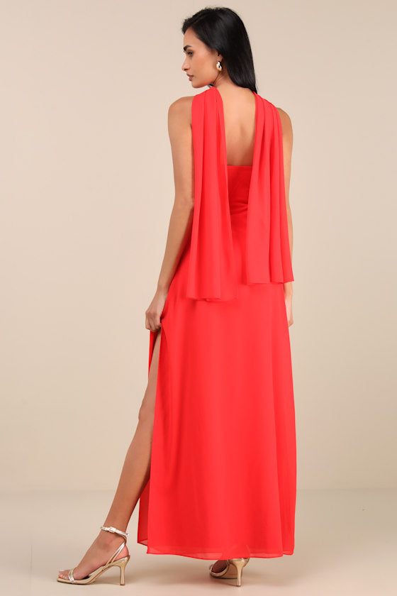 Rawya Red Orange Strapless Maxi Dress and Scarf Set