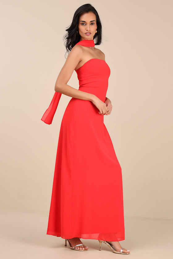 Rawya Red Orange Strapless Maxi Dress and Scarf Set