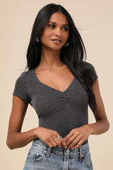 Required Style Charcoal Textured Ribbed Ruched Bodysuit