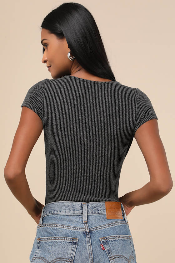 Required Style Charcoal Textured Ribbed Ruched Bodysuit